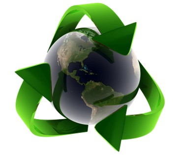 A glass earth globe encompassed by the eco friendly green recycle symbol